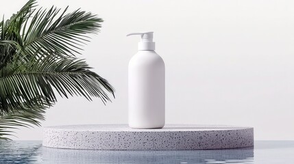 A white pump bottle sits on a speckled terrazzo pedestal next to a palm frond, with a reflection in the water below.