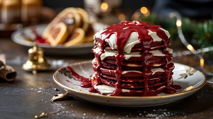 Naklejka premium Decadent stack of red velvet pancakes with cream cheese frosting and sauce