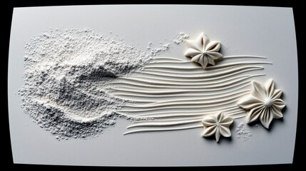 A pile of white powder is spread out on a white surface, with carved wavy lines and three star-shaped floral designs.