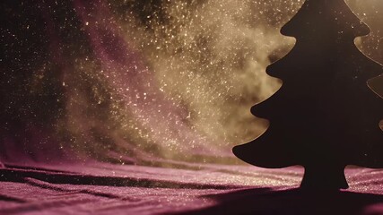 Christmas tree silhouette against sparkling gold and purple glitter background with falling particles - Powered by Adobe