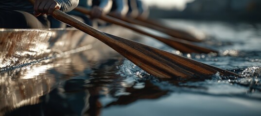 Close-Up of Oars and Hands in Synchronized Rowing with Water Reflections