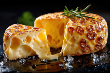 Wheel of cheese with a slice cut out on dark background