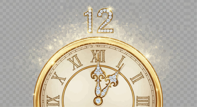 Golden clock face showing almost twelve o clock with diamond numbers and transparent background design