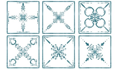 six tiles with blue watercolor patterns	