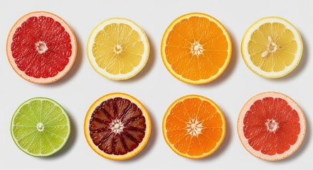 Obraz premium Assortment of freshly sliced citrus fruits arranged on a white background