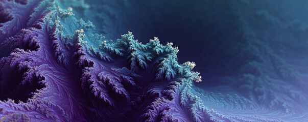 Abstract fractal landscape with cool blues, purples and whites. Evokes natural patterns and complex systems. Ideal for backgrounds, science or tech visuals.
