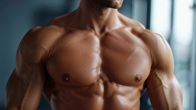 A man with a muscular chest and arms is posing for a picture. Concept of strength and confidence