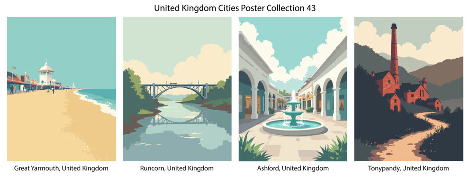 Great Yarmouth, United Kingdom, Runcorn, United Kingdom, Ashford, United Kingdom, Tonypandy, United Kingdom Flat Vector Poster Collection