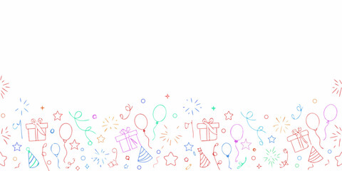 Colorful hand drawn celebration border with balloons gifts and confetti