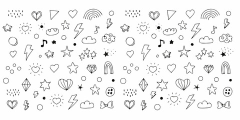 Hand drawn doodle pattern with hearts stars clouds and rainbows