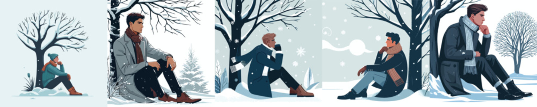 a man leaning against a tree in winter