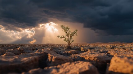 A small green tree sprouting from cracked rocky ground under a dramatic sky, illuminated by a single divine light beam, symbolizing hope, faith, and spiritual growth in desolation.
