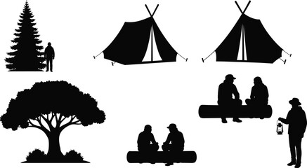 Camping silhouette collection with tents, trees and people relaxing outdoors, nature adventure illustration set for travel, hiking, wilderness and outdoor design themes