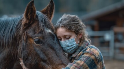 Young woman in a protective mask gently embracing her horse outdoors, showing human-animal bond and farm care during health safety measures