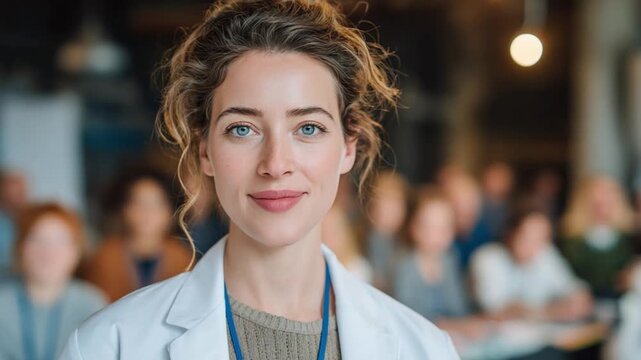 Confident Doctor's Portrait: A skilled doctor exudes confidence, her gaze direct, reflecting competence and empathy amidst the backdrop of a medical gathering.