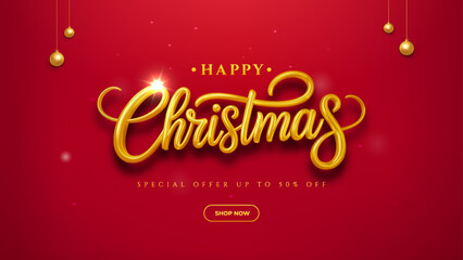 Happy Christmas Banner With Gold Script Text On Red Background For Seasonal Sale And Shop Now