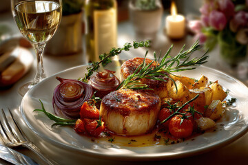 Delightful seafood dish with vegetables and wine at an elegant dining table