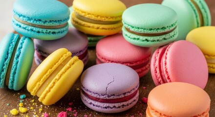 Obraz premium A vibrant assortment of colorful french macarons displayed in a delicious pile