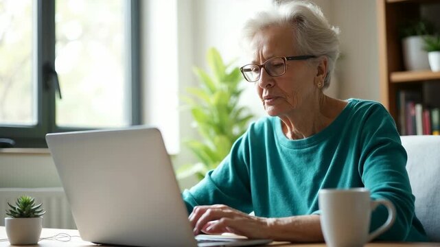 An older woman works on her laptop at home, demonstrating the advantages of an ageless workforce.