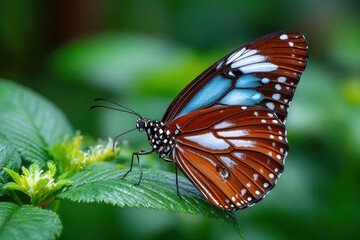 Fototapeta premium Blue Tiger Butterfly on Green Leaf Close Up