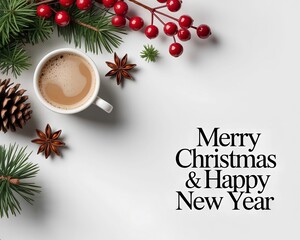 Luxury festive flat-lay with red berries, pine branches, golden sparkles, coffee cup, and elegant holiday lettering on a bright white background.