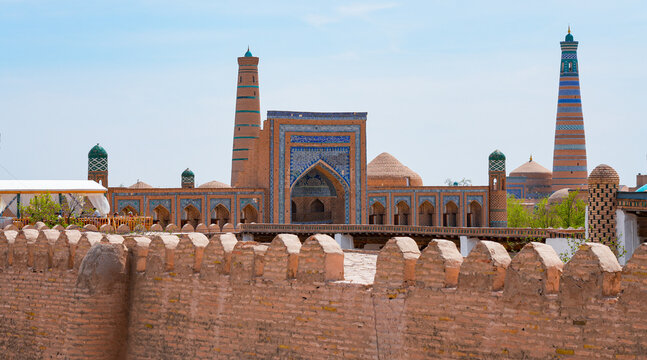 Muhammad Rahim Khan II Madrasah seen from the ramparts of Itchan Kala : grand 19th century complex in Khiva, Uzbekistan, Central Asia
