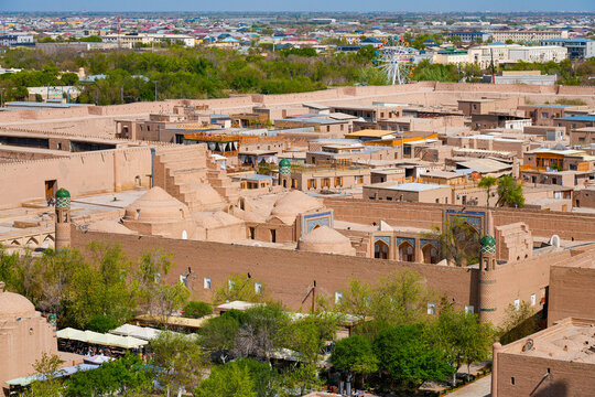 Aerial view of the Muhammad Rahim Khan II Madrasah : grand 19th century complex in Khiva, Uzbekistan, Central Asia