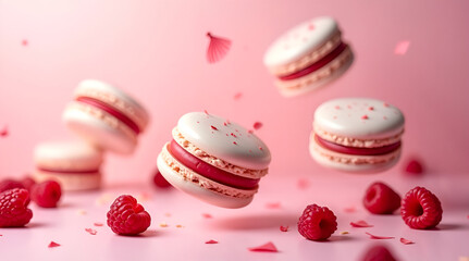 A dreamy still life featuring light pink macarons and juicy raspberries scattered on a pastel pink backdrop. Perfect for dessert, celebration, romantic, or foodie campaigns and product shoots.