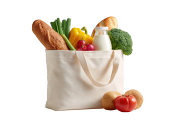Beige reusable grocery bag filled with fresh produce and bread