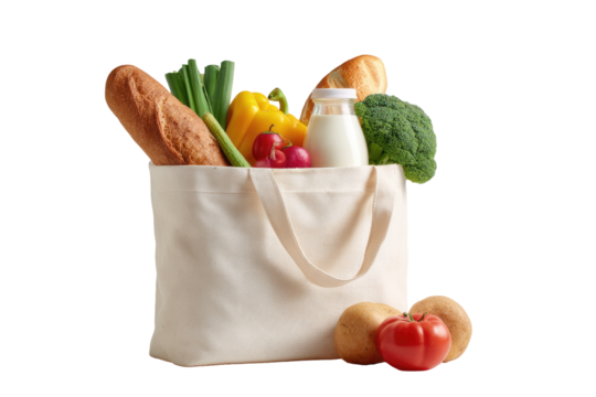 Beige reusable grocery bag filled with fresh produce and bread