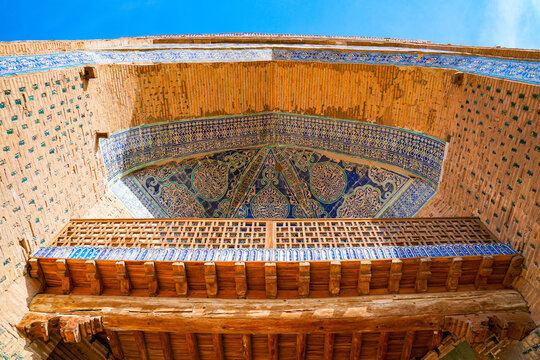 Ceramic blue tiles on the Muhammad Rahim Khan II Madrasah : grand 19th century complex in Khiva, Uzbekistan, Central Asia