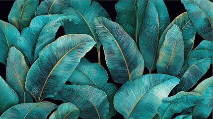 Dense arrangement of large tropical foliage exhibits deep teal coloration against a dark background
