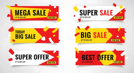 Horizontal web banners featuring mega sale and super offer announcements with up to sixty percent discount details