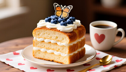 Layered Vanilla Cake with Blueberries and Buttercream, Butterfly Topper, and Heart Mug on Cozy Breakfast Table