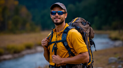 A man with a backpack and sunglasses standing in front of a river