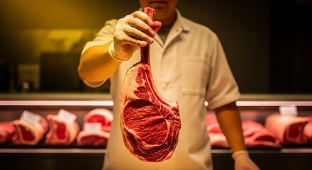 A butcher holding a raw tomahawk steak in front of a display case full of meat cuts