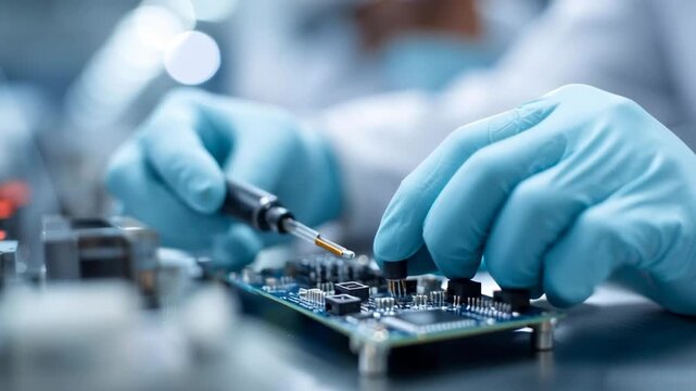 A man is working on a circuit board with a blue glove on his left hand. He is using a soldering iron to connect wires