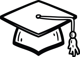 Doodle graduation cap icon, hand-drawn solid black on white, with a wobbly tassel, simple achievement sketch.