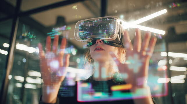 Student using VR headset & AI technology in smart classroom. Artificial intelligence, machine learning, virtual reality in education. Interactive learning, innovation, digital tools, futuristic school