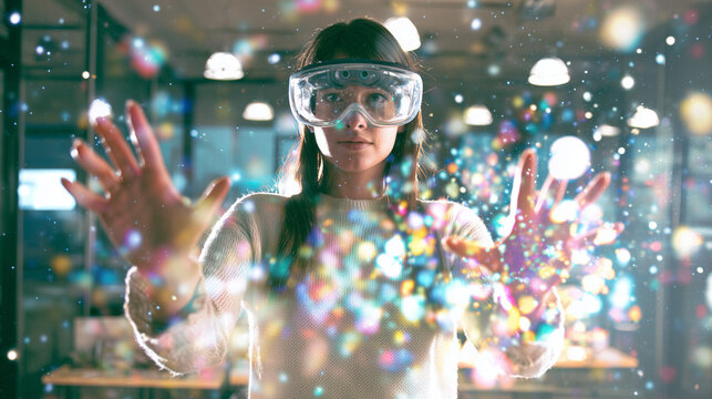 Student using VR headset & AI technology in smart classroom. Artificial intelligence, machine learning, virtual reality in education. Interactive learning, innovation, digital tools, futuristic school