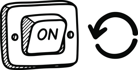 Doodle simple light switch with arrow circle icon, hand-drawn solid black on white, indicating reset or restart, quick control sketch.
