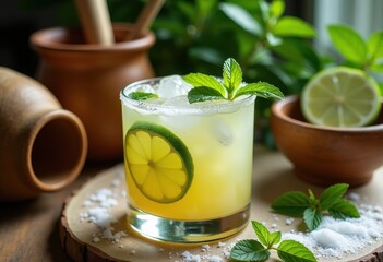 Fototapeta premium Bright Brazilian Caipirinha Recipe Lime Mint Sugar Handcrafted Refreshing Summer Delight