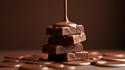 Stacked Chocolate Pieces Dripping with Melted Chocolate in a Warm Cocoa Tone &ndash; Gourmet Dessert