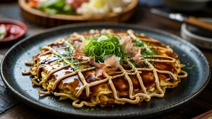 Naklejka premium Dynamic close-up of Japanese Okonomiyaki savory pancake with rich sauces