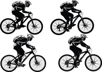 Obraz premium Collection of mountain biker silhouette illustrations showing cyclists riding bicycles with helmets and backpacks in various action poses for outdoor sports design