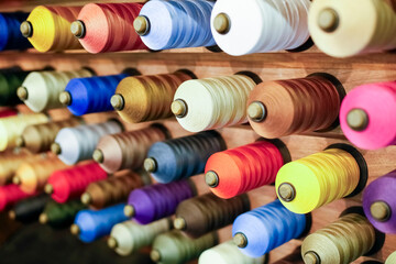 New York City, New York, USA. Colorful large spools of thread in the garment district, NYC