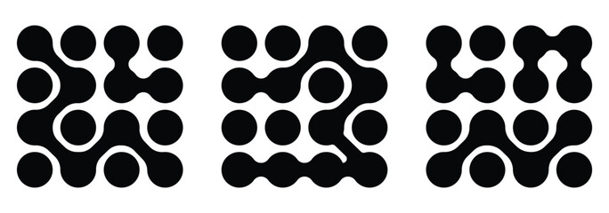 Diagonal metaball connected circles shape. Abstract nerve cell dots or computer nano net . Metaball Set. Vector Connect Circle Shapes. Abstract Geometric Dots.