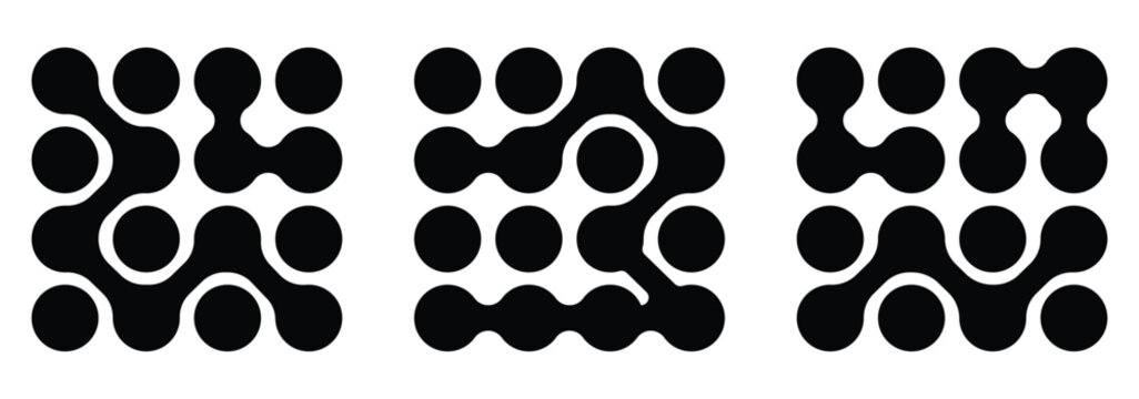 Diagonal metaball connected circles shape. Abstract nerve cell dots or computer nano net . Metaball Set. Vector Connect Circle Shapes. Abstract Geometric Dots.