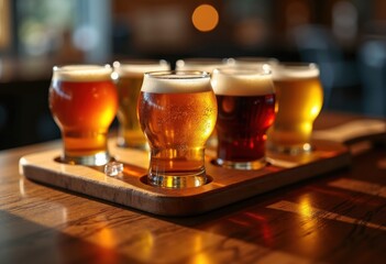 Artisan Craft Beer Flight Tasting Sampler Unique Brews Variety Experience Featuring Wooden Paddle