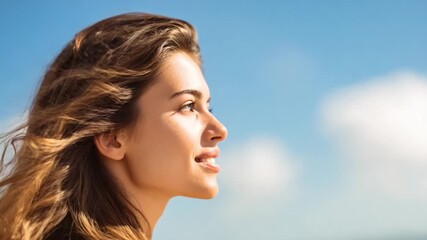 Portrait of Contemplation: A woman, her gaze turned towards the expansive blue sky, embodies a serene moment of reflection and optimism.